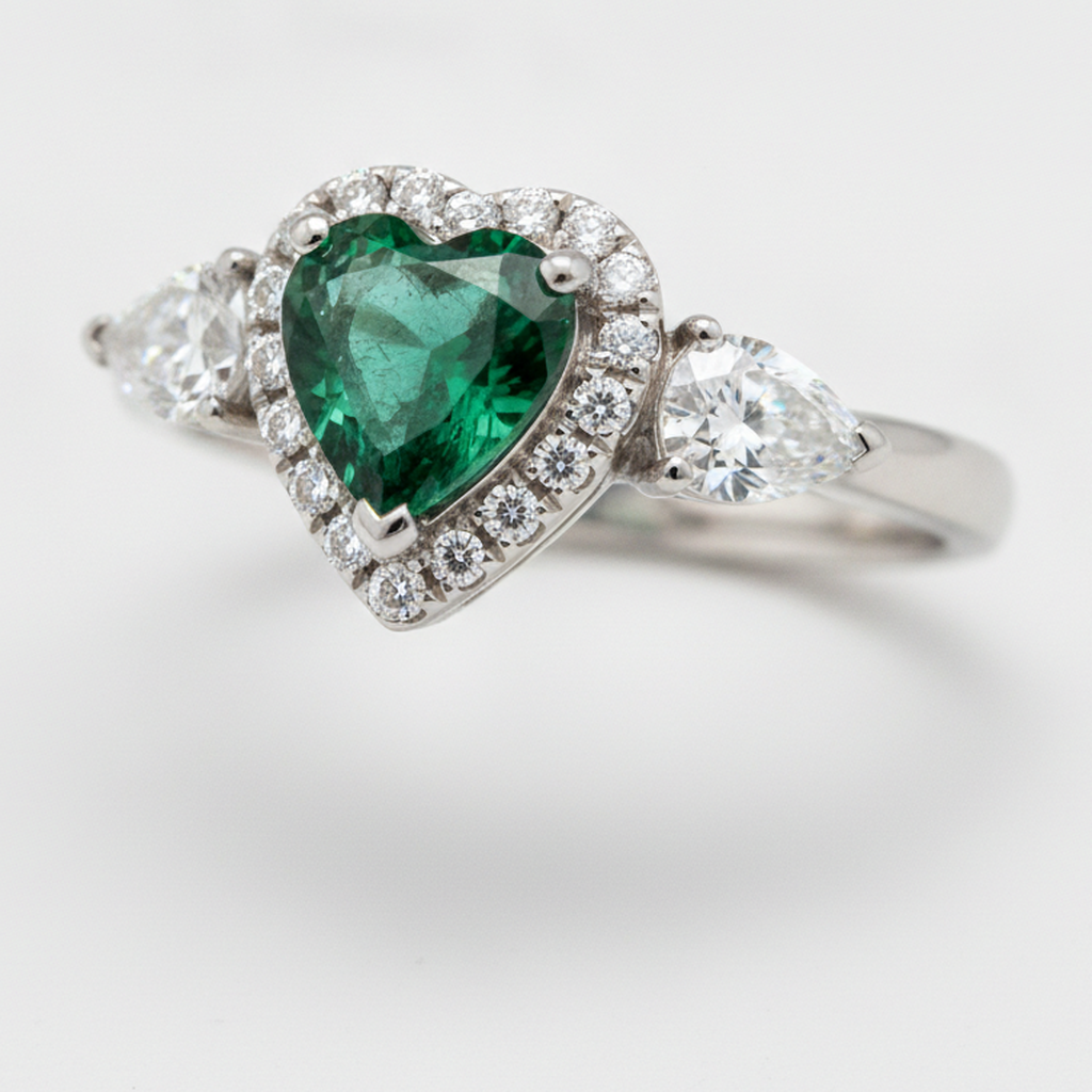 Anello in platino a tre pietre con smeraldo verde naturale a cuore da 3,2 carati e Halo