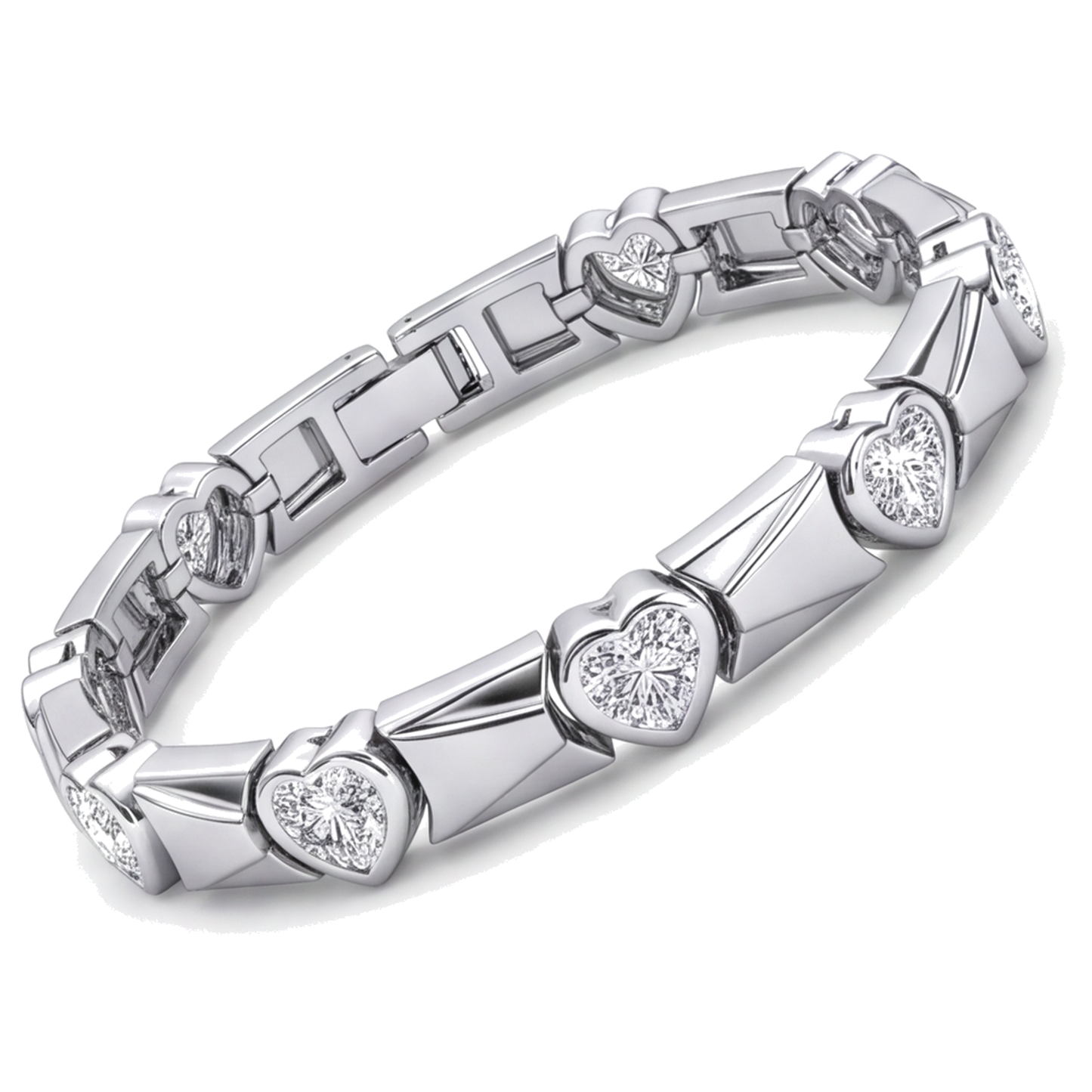 Bracciale con diamanti a cuore da laboratorio da 5 carati a maglie con barrette scanalate in Oro Bianco 14K, 7 pollici