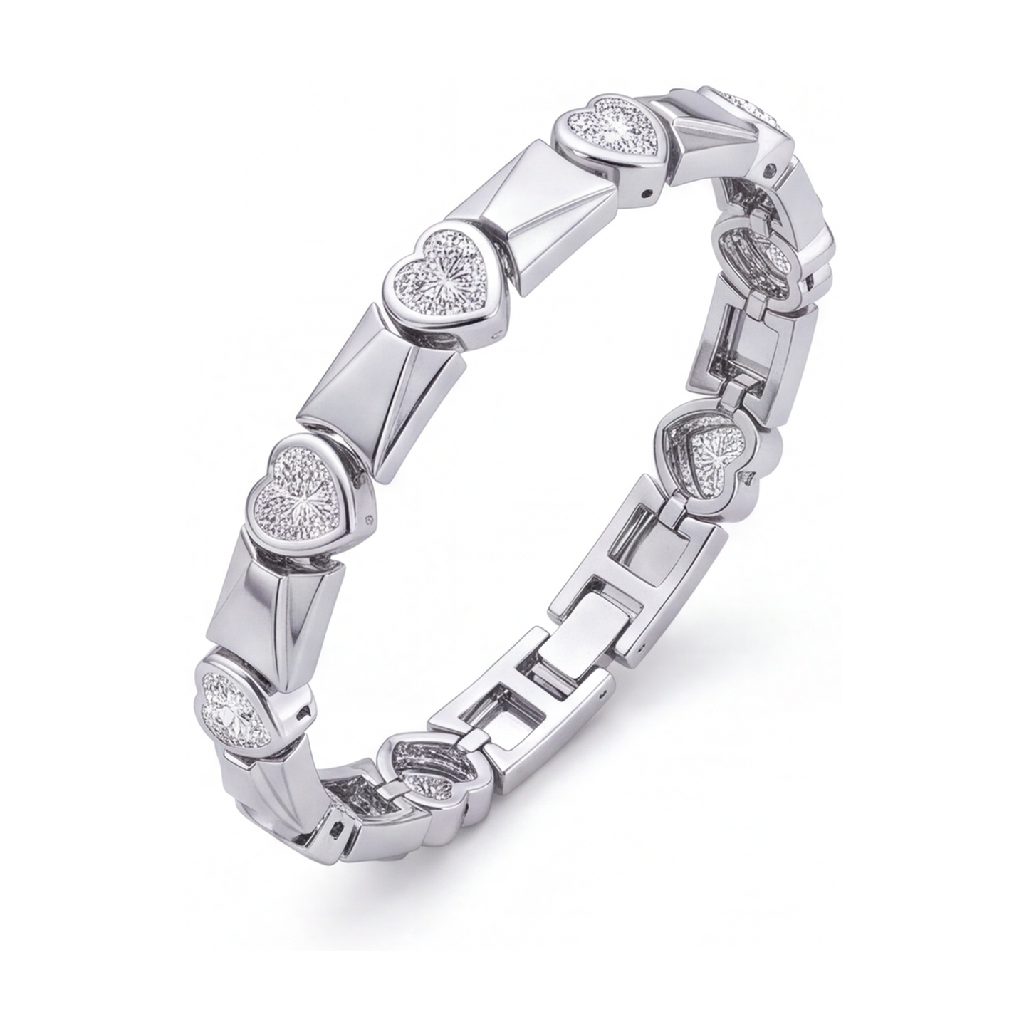 Bracciale con diamanti a cuore da laboratorio da 5 carati a maglie con barrette scanalate in Oro Bianco 14K, 7 pollici