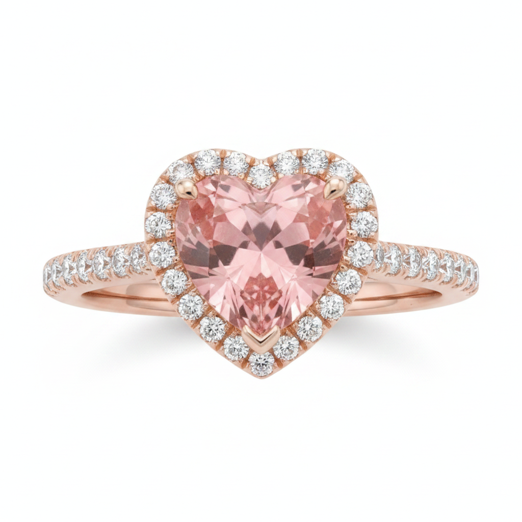 Anello con Zaffiro Padparadscha da Laboratorio da 3,8 Carati a Cuore con Halo e Gambo Sdoppiato in Oro Rosa 14K