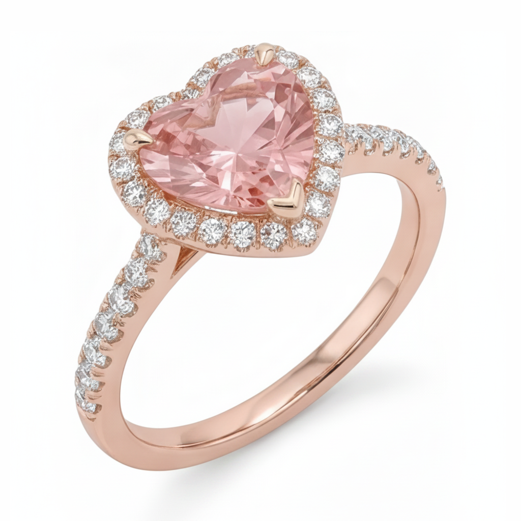 Anello con Zaffiro Padparadscha da Laboratorio da 3,8 Carati a Cuore con Halo e Gambo Sdoppiato in Oro Rosa 14K