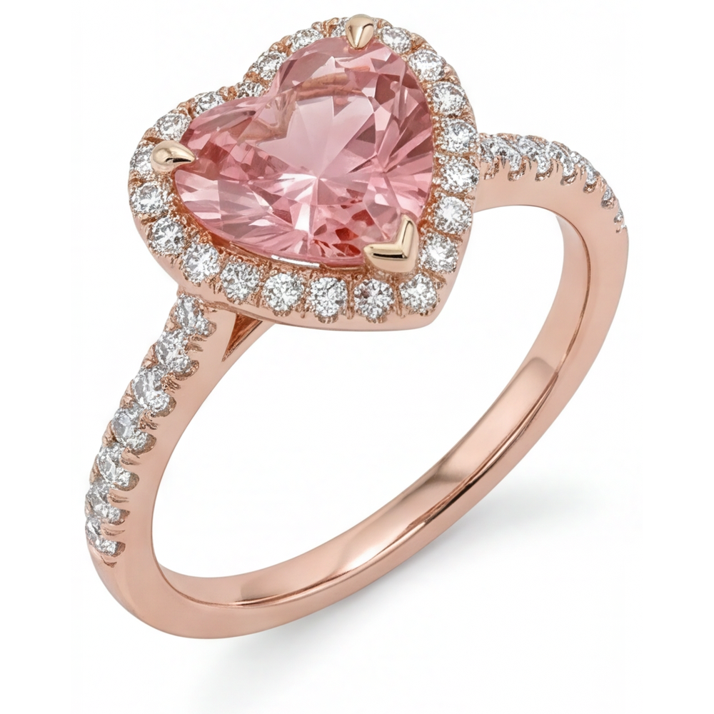 Anello con Zaffiro Padparadscha da Laboratorio da 3,8 Carati a Cuore con Halo e Gambo Sdoppiato in Oro Rosa 14K