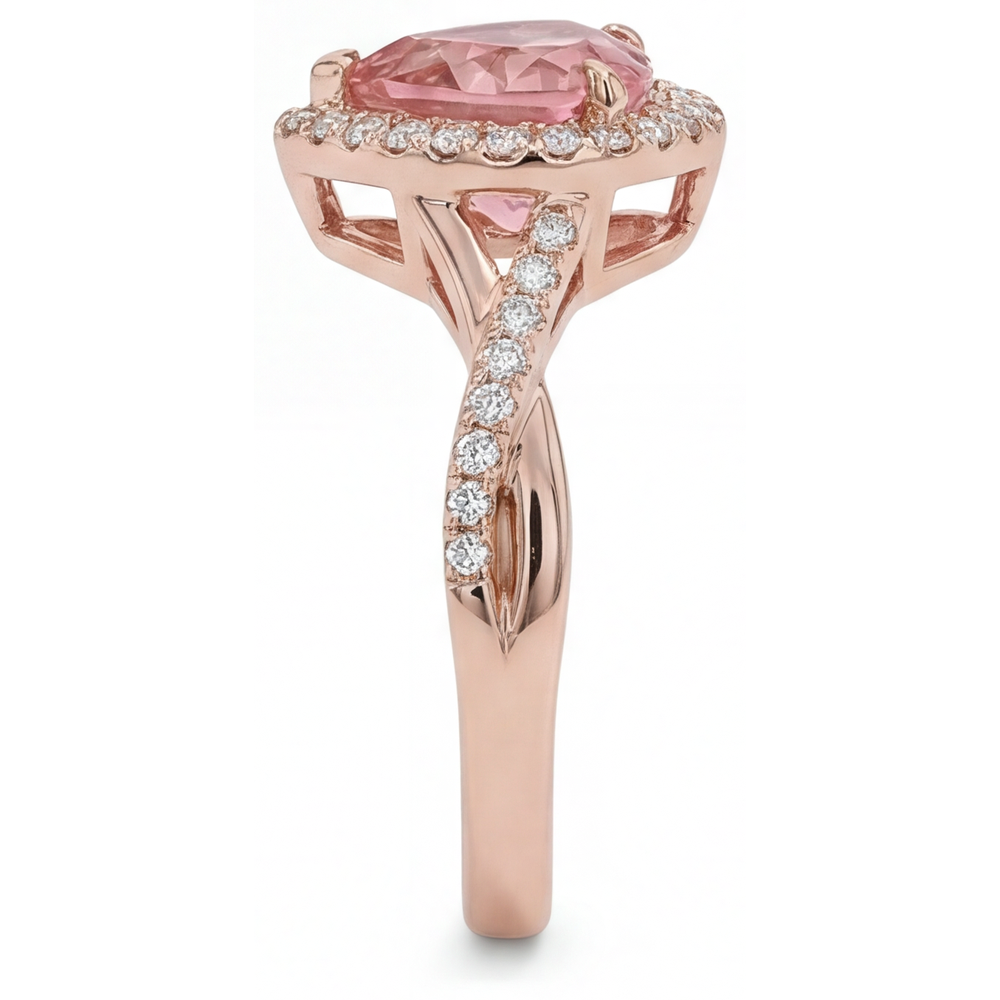 Anello con zaffiro Padparadscha da laboratorio da 3,8 carati a cuore con Halo intrecciato in Oro Rosa 14 carati