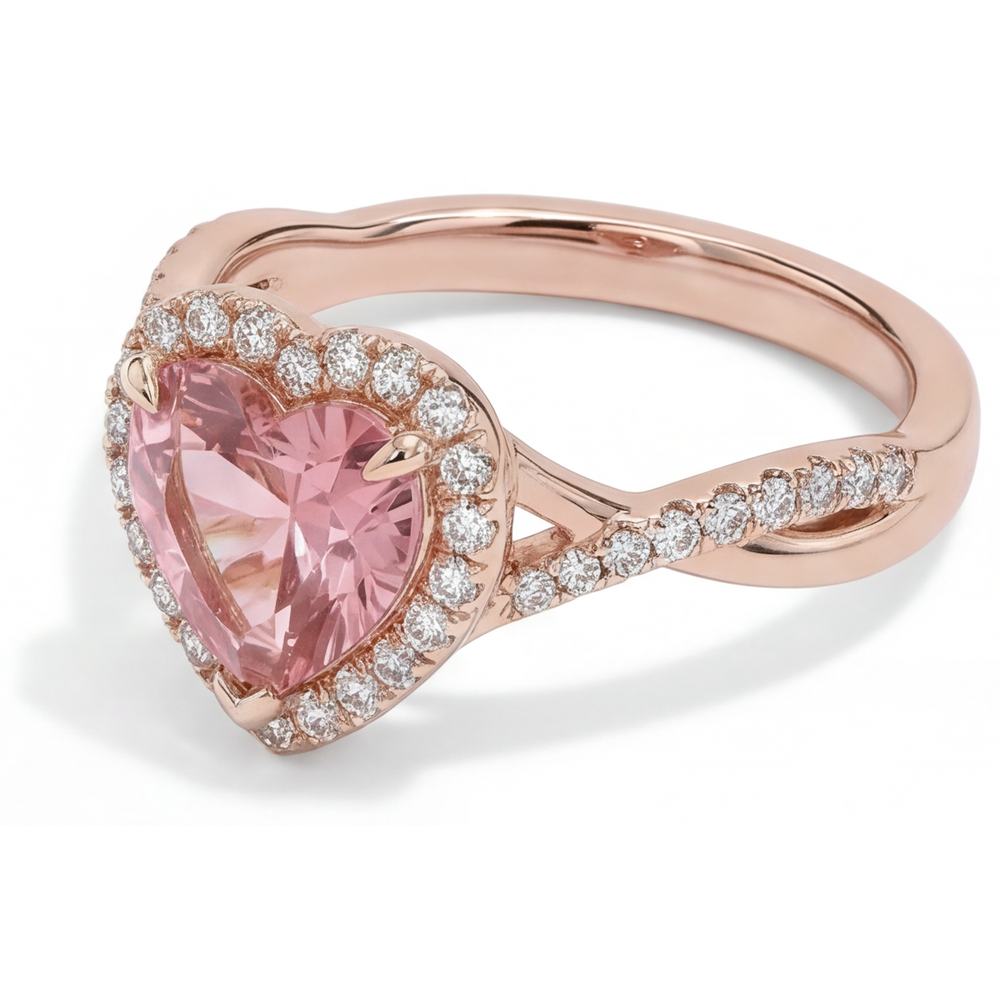 Anello con zaffiro Padparadscha da laboratorio da 3,8 carati a cuore con Halo intrecciato in Oro Rosa 14 carati