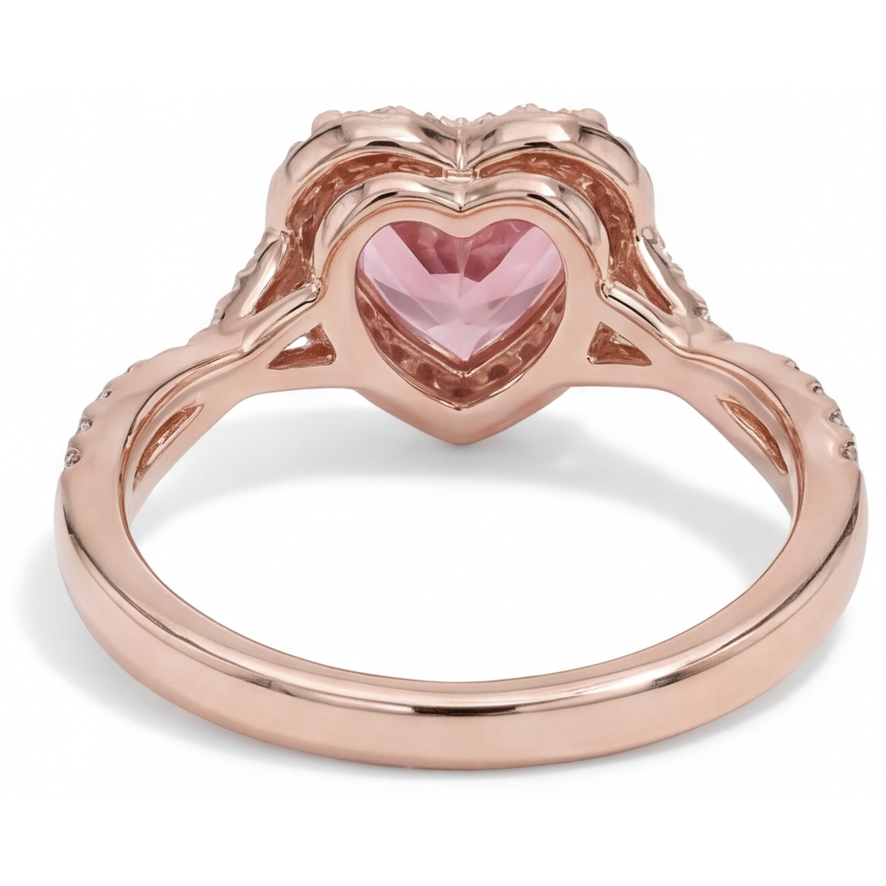 Anello con zaffiro Padparadscha da laboratorio da 3,8 carati a cuore con Halo intrecciato in Oro Rosa 14 carati