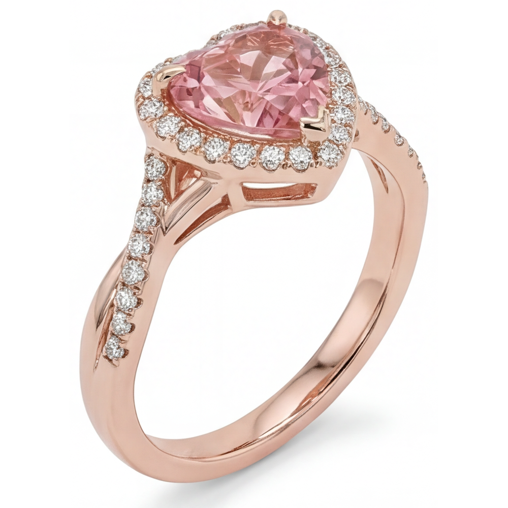 Anello con zaffiro Padparadscha da laboratorio da 3,8 carati a cuore con Halo intrecciato in Oro Rosa 14 carati