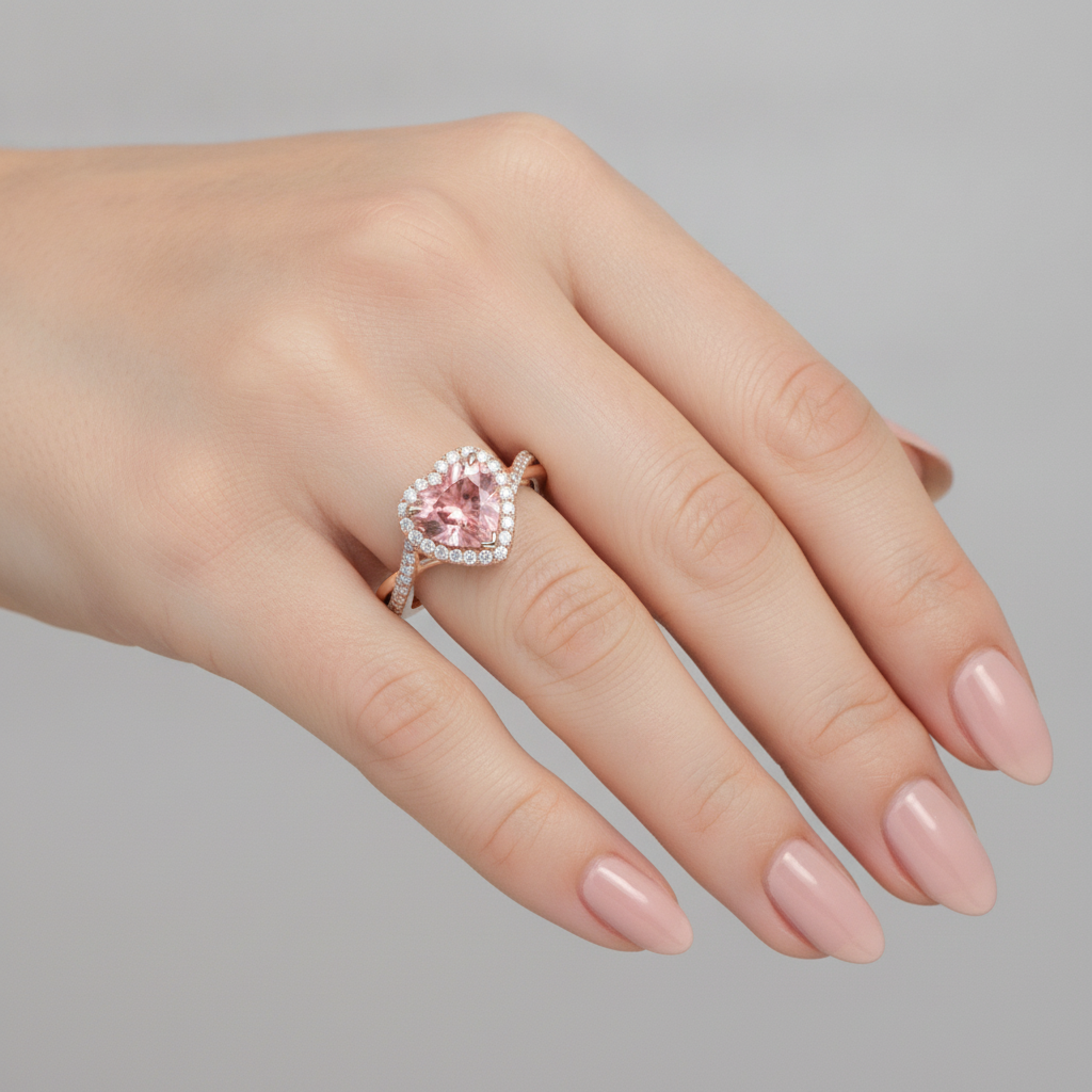 Anello con zaffiro Padparadscha da laboratorio da 3,8 carati a cuore con Halo intrecciato in Oro Rosa 14 carati
