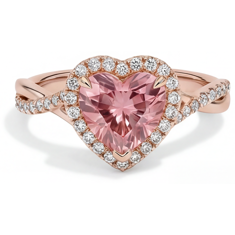 Anello con zaffiro Padparadscha da laboratorio da 3,8 carati a cuore con Halo intrecciato in Oro Rosa 14 carati