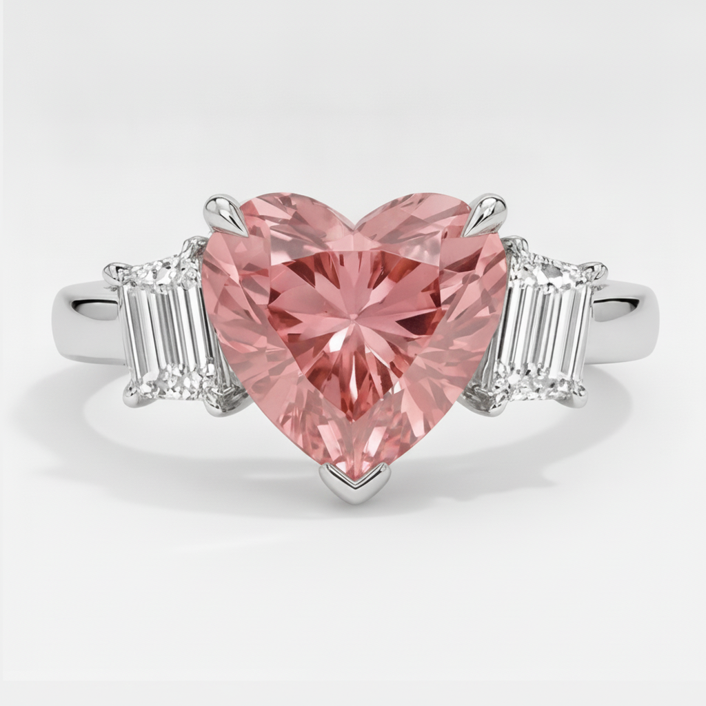 Anello a tre pietre in platino con zaffiro Padparadscha naturale a cuore da 3,6 carati e baguette bianche
