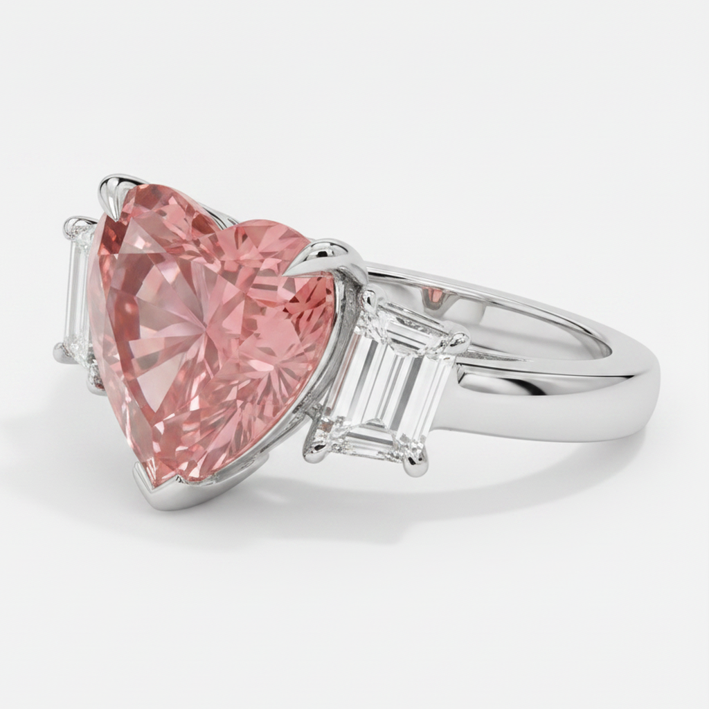 Anello a tre pietre in platino con zaffiro Padparadscha naturale a cuore da 3,6 carati e baguette bianche