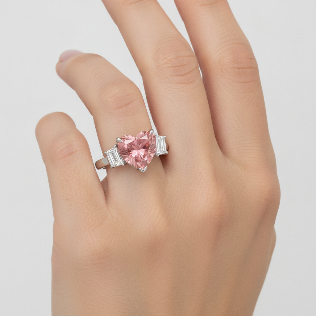 Anello a tre pietre in platino con zaffiro Padparadscha naturale a cuore da 3,6 carati e baguette bianche