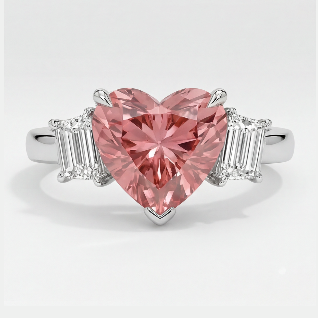 Anello a tre pietre in platino con zaffiro Padparadscha naturale a cuore da 3,6 carati e baguette bianche