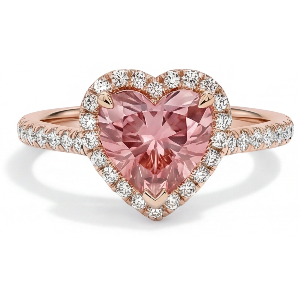 Anello Halo con Zaffiro Padparadscha Naturale a Cuore da 2,3 Carati in Oro Rosa 14K