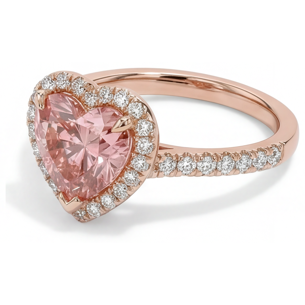 Anello con zaffiro Padparadscha da 2,3 carati con halo a cuore autentico in oro rosa 14K
