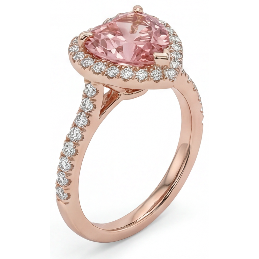 Anello Halo con Zaffiro Padparadscha Naturale a Cuore da 2,3 Carati in Oro Rosa 14K