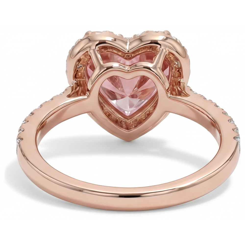 Anello con zaffiro Padparadscha da 2,3 carati con halo a cuore autentico in oro rosa 14K