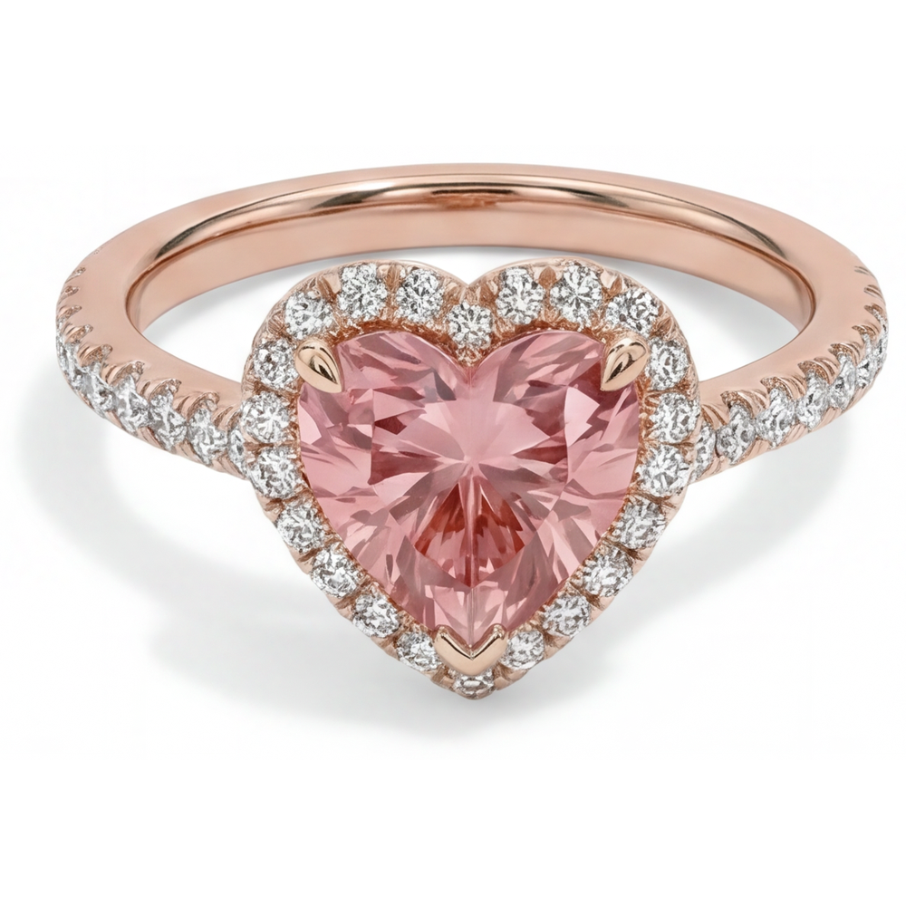 Anello Halo con Zaffiro Padparadscha Naturale a Cuore da 2,3 Carati in Oro Rosa 14K