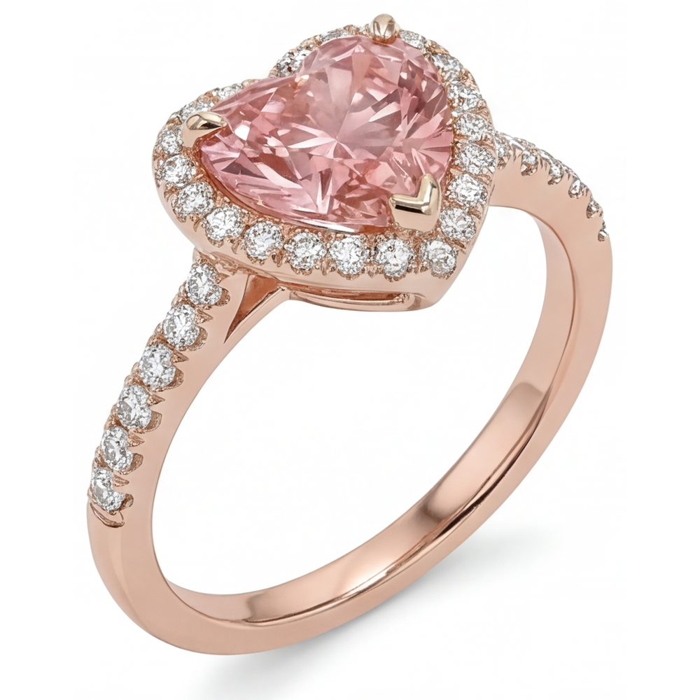 Anello con zaffiro Padparadscha da 2,3 carati con halo a cuore autentico in oro rosa 14K