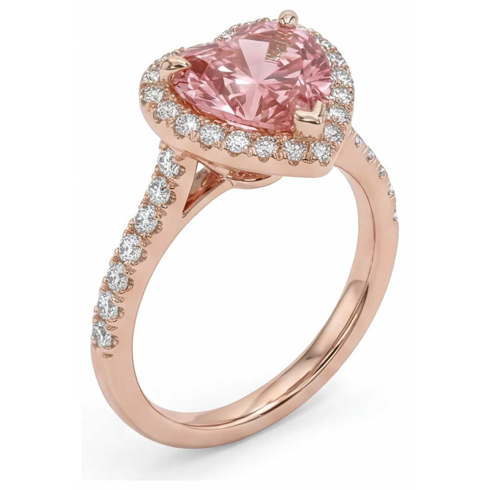 Anello Halo con Zaffiro Padparadscha Naturale a Cuore da 2,3 Carati in Oro Rosa 14K