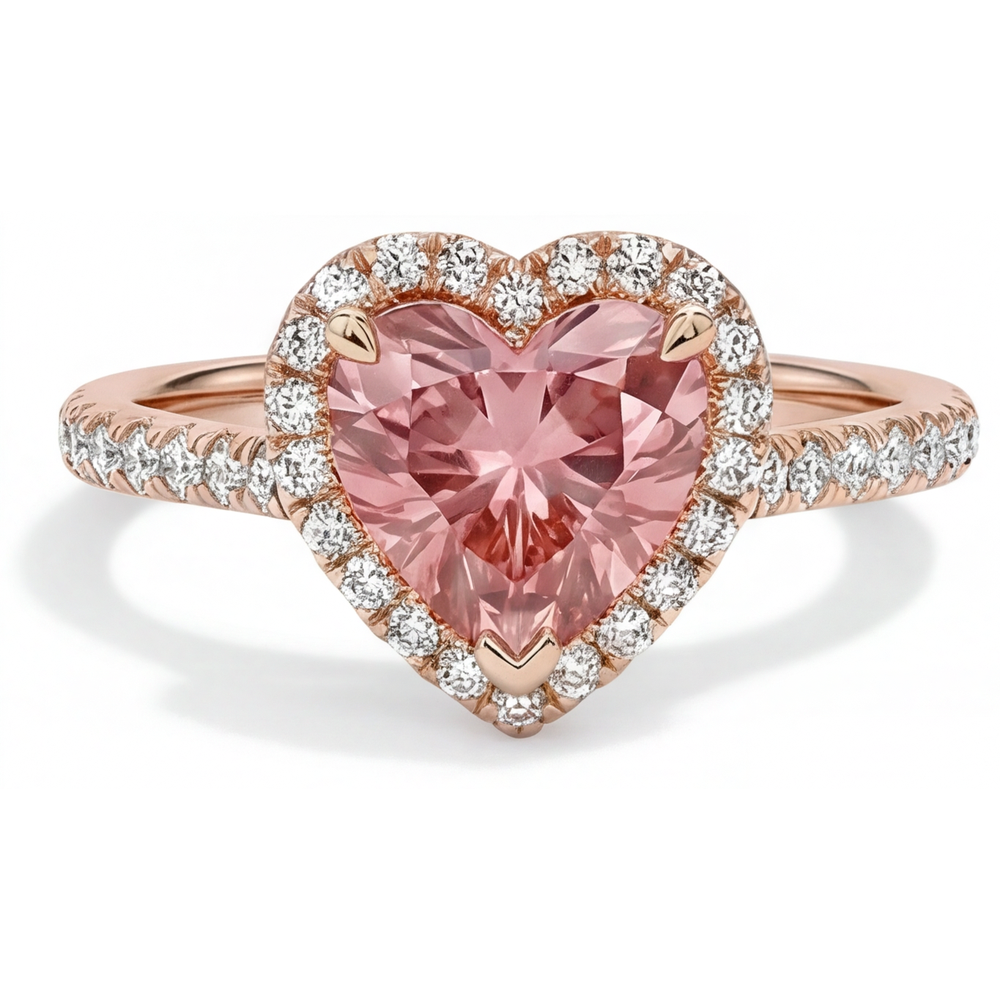 Anello con zaffiro Padparadscha da 2,3 carati con halo a cuore autentico in oro rosa 14K
