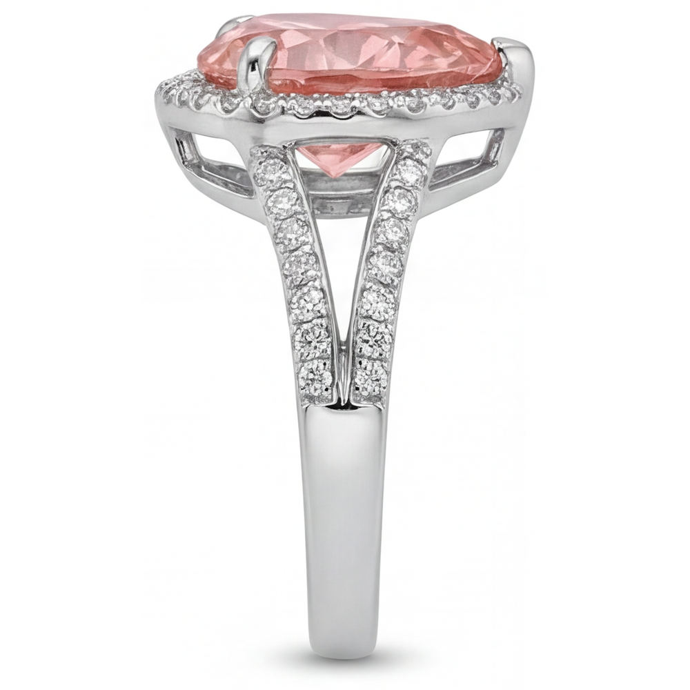 Anello Halo in Oro Bianco 14K con Zaffiro Padparadscha Autentico a Cuore Color Pesca da 2,8 Carati