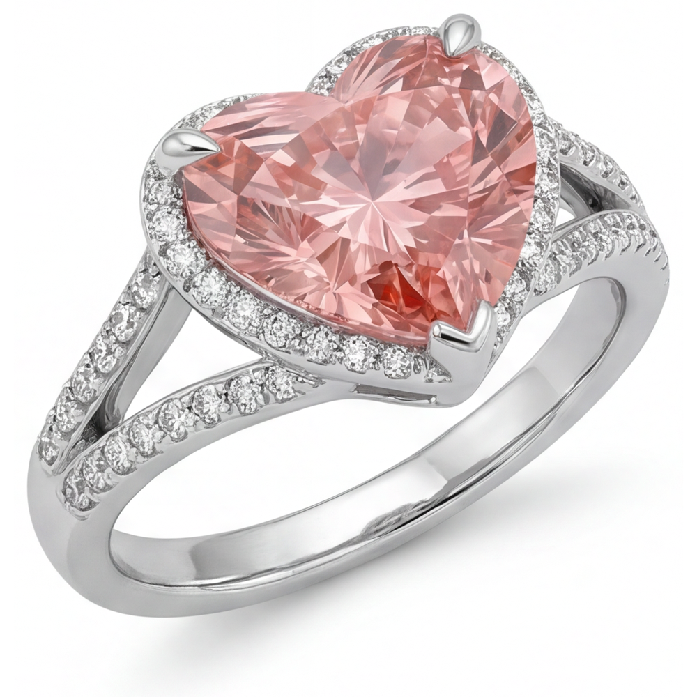Anello Halo in Oro Bianco 14K con Zaffiro Padparadscha Autentico a Cuore Color Pesca da 2,8 Carati