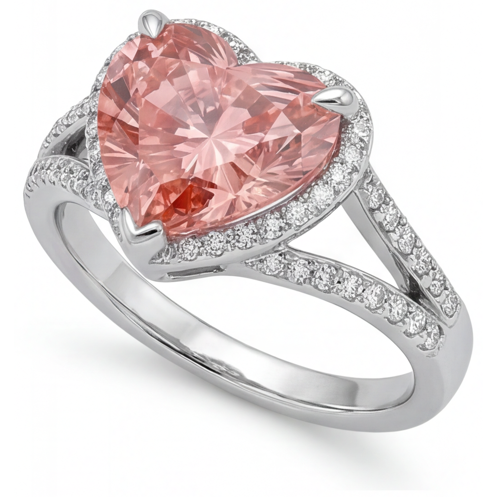 Anello Halo in Oro Bianco 14K con Zaffiro Padparadscha Autentico a Cuore Color Pesca da 2,8 Carati