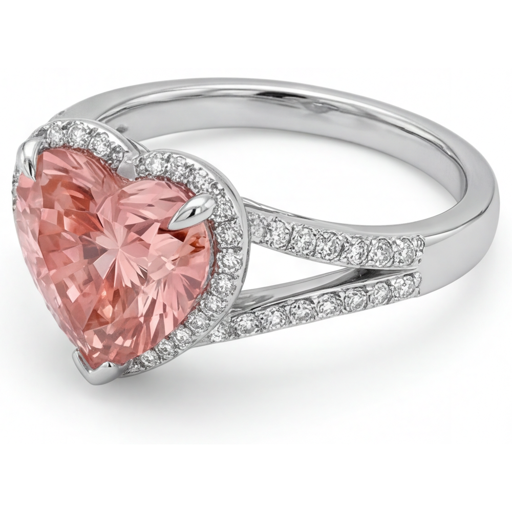 Anello Halo in Oro Bianco 14K con Zaffiro Padparadscha Autentico a Cuore Color Pesca da 2,8 Carati
