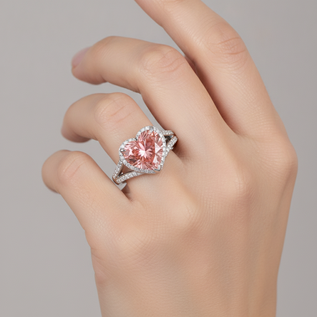 Anello Halo in Oro Bianco 14K con Zaffiro Padparadscha Autentico a Cuore Color Pesca da 2,8 Carati