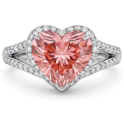 Anello Halo in Oro Bianco 14K con Zaffiro Padparadscha Autentico a Cuore Color Pesca da 2,8 Carati