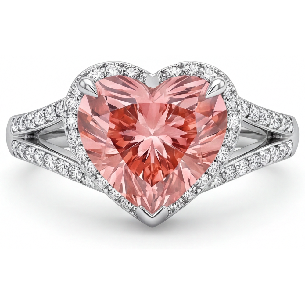Anello Halo in Oro Bianco 14K con Zaffiro Padparadscha Autentico a Cuore Color Pesca da 2,8 Carati