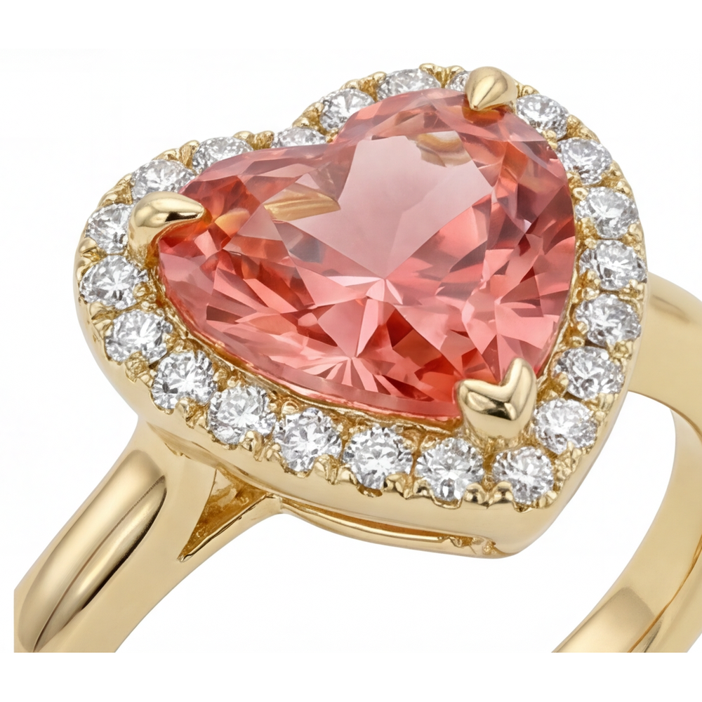 Anello di Fidanzamento con Zaffiro Padparadscha Autentico da 2,8 Carati Halo a Cuore in Oro Giallo 14K