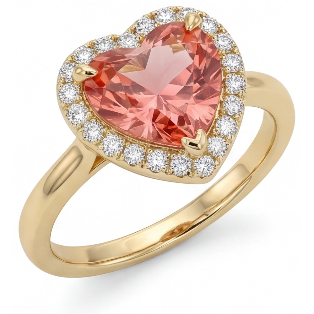 Anello di Fidanzamento con Zaffiro Padparadscha Autentico da 2,8 Carati Halo a Cuore in Oro Giallo 14K
