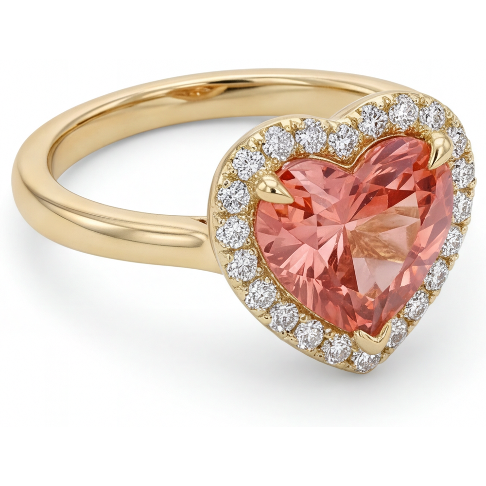Anello di Fidanzamento con Zaffiro Padparadscha Autentico da 2,8 Carati Halo a Cuore in Oro Giallo 14K