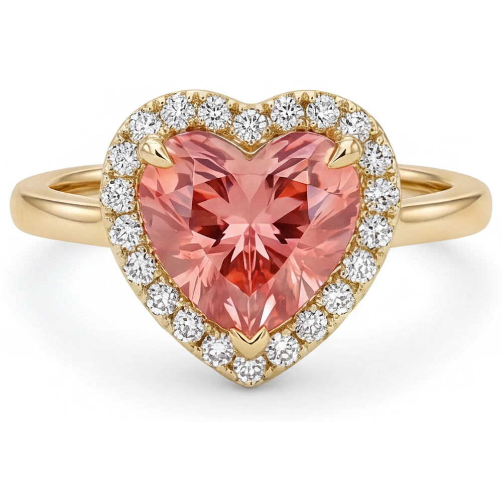 Anello di Fidanzamento con Zaffiro Padparadscha Autentico da 2,8 Carati Halo a Cuore in Oro Giallo 14K