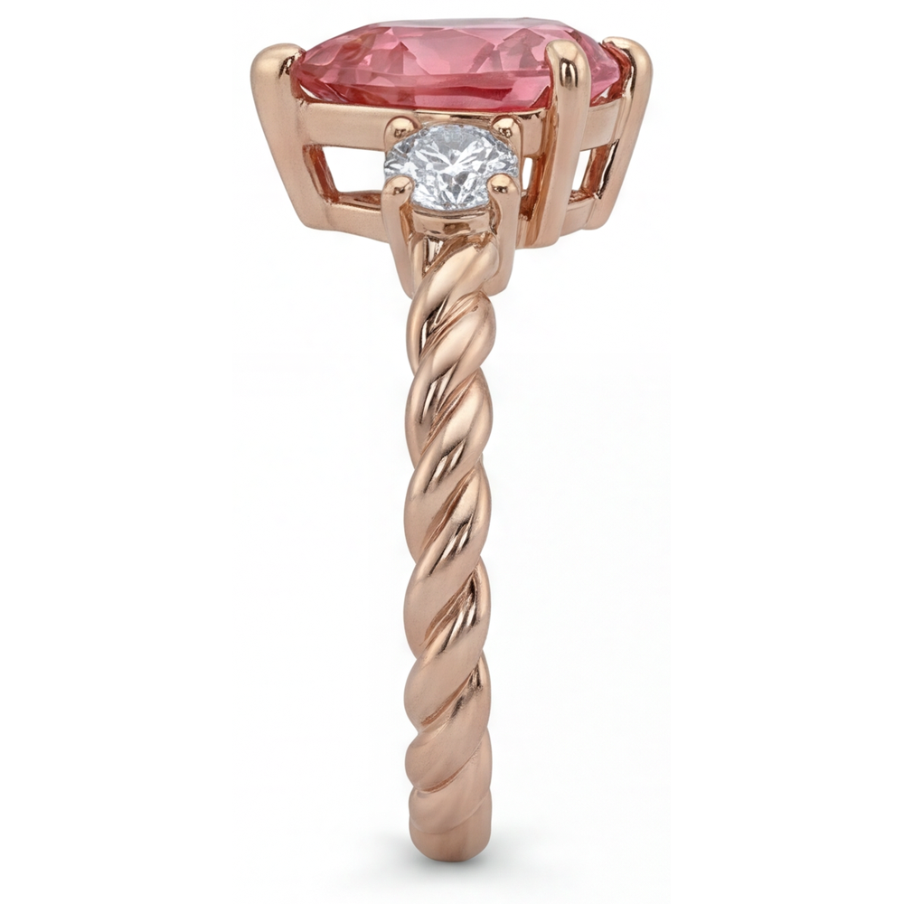Anello a Tre Pietre con Zaffiro Padparadscha Naturale a Cuore da 1,9 Carati in Oro Rosa 14 Carati