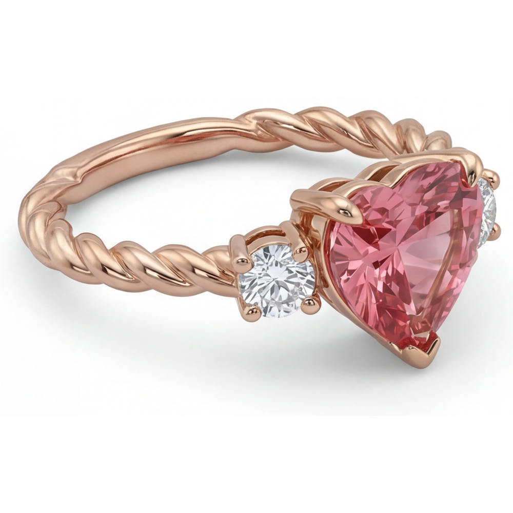 Anello a Tre Pietre con Zaffiro Padparadscha Naturale a Cuore da 1,9 Carati in Oro Rosa 14 Carati