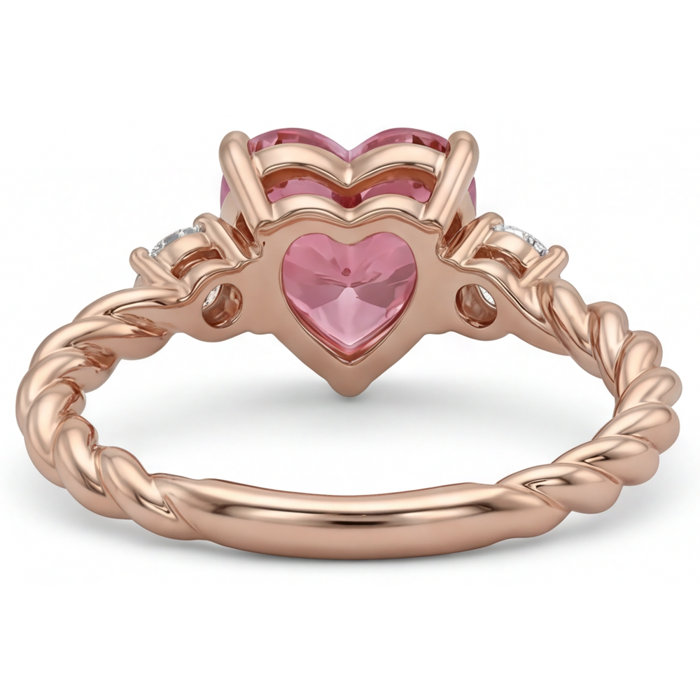 Anello a Tre Pietre con Zaffiro Padparadscha Naturale a Cuore da 1,9 Carati in Oro Rosa 14 Carati