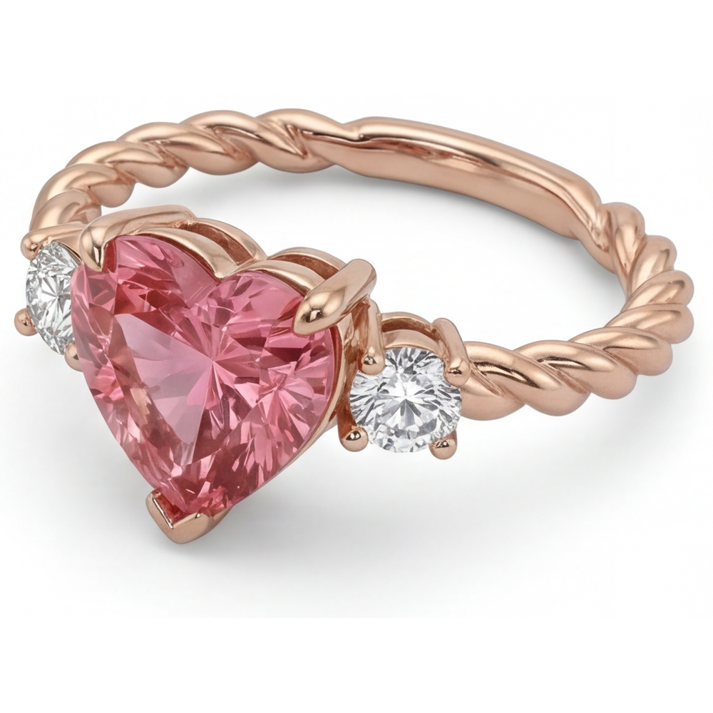 Anello a Tre Pietre con Zaffiro Padparadscha Naturale a Cuore da 1,9 Carati in Oro Rosa 14 Carati