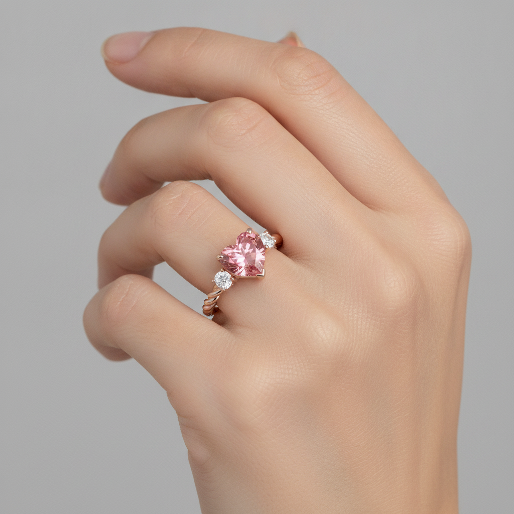 Anello a Tre Pietre con Zaffiro Padparadscha Naturale a Cuore da 1,9 Carati in Oro Rosa 14 Carati