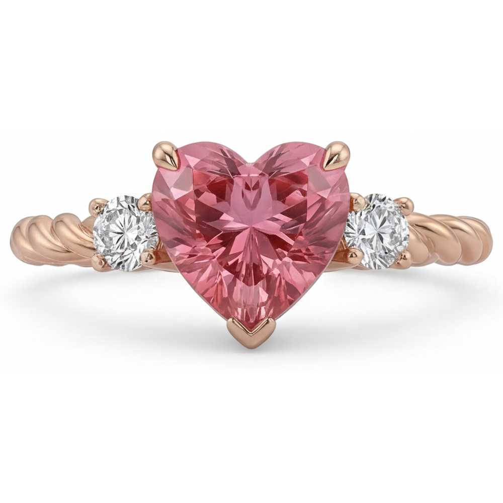 Anello a Tre Pietre con Zaffiro Padparadscha Naturale a Cuore da 1,9 Carati in Oro Rosa 14 Carati