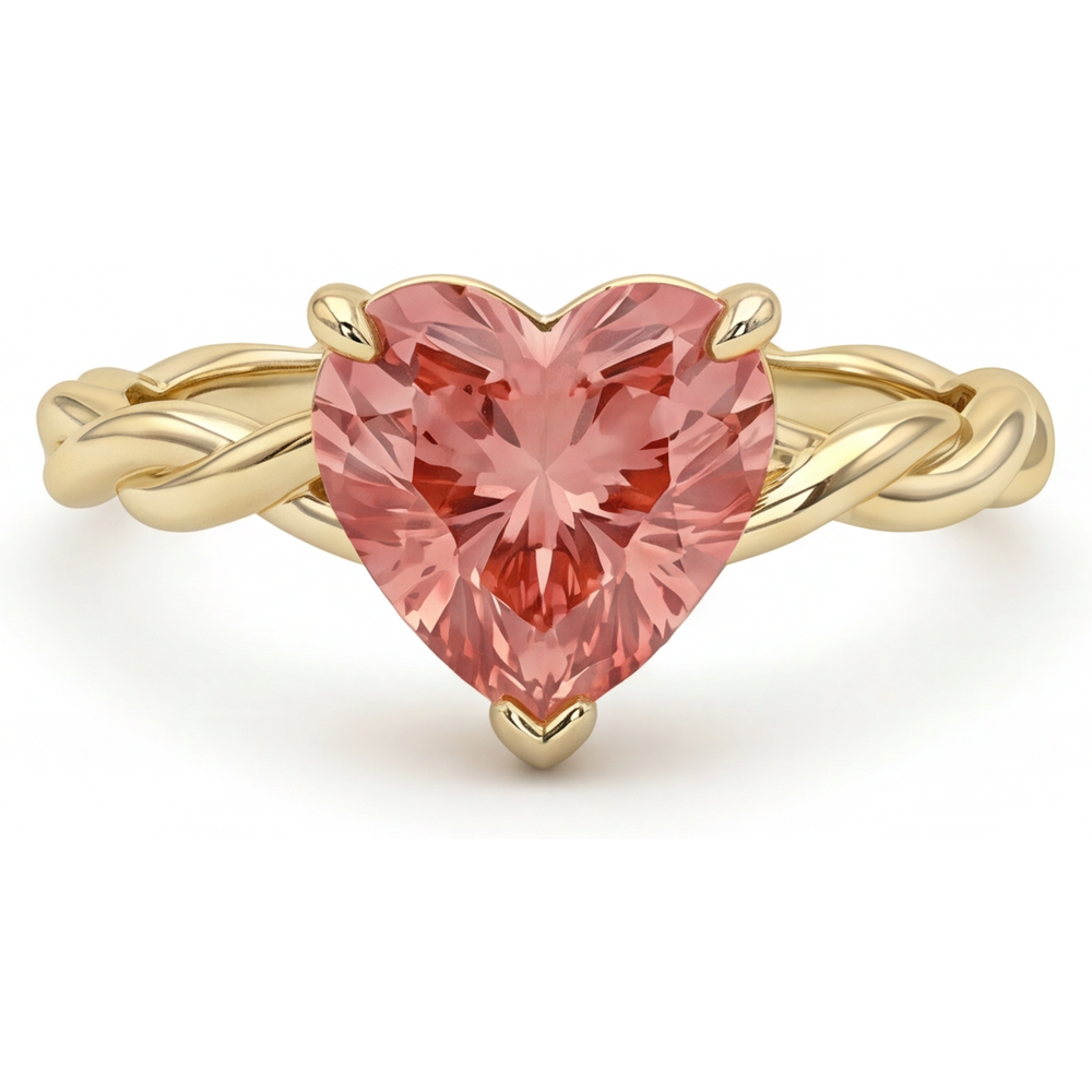 Anello Solitario Intrecciato con Zaffiro Padparadscha Naturale a Cuore Color Pesca da 1,5 Carati in Oro Giallo 14K