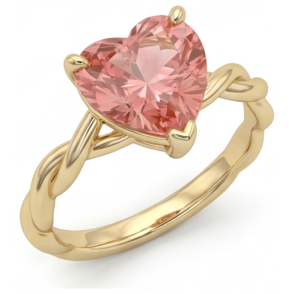 Anello Solitario Intrecciato con Zaffiro Padparadscha Naturale a Cuore Color Pesca da 1,5 Carati in Oro Giallo 14K