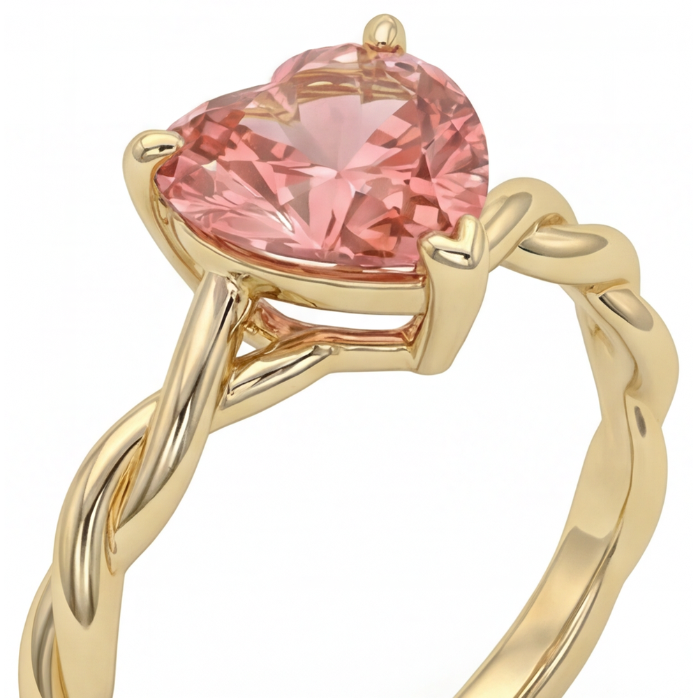 Anello Solitario Intrecciato con Zaffiro Padparadscha Naturale a Cuore Color Pesca da 1,5 Carati in Oro Giallo 14K