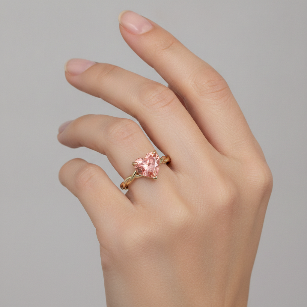 Anello Solitario Intrecciato con Zaffiro Padparadscha Naturale a Cuore Color Pesca da 1,5 Carati in Oro Giallo 14K