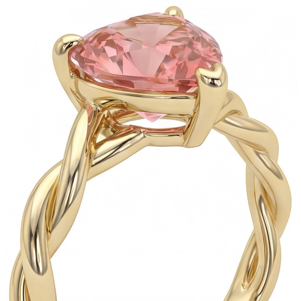 Anello di Fidanzamento Solitario a Spirale con Zaffiro Padparadscha Pesca Naturale a Cuore da 1,5 Carati in Oro Giallo 14K