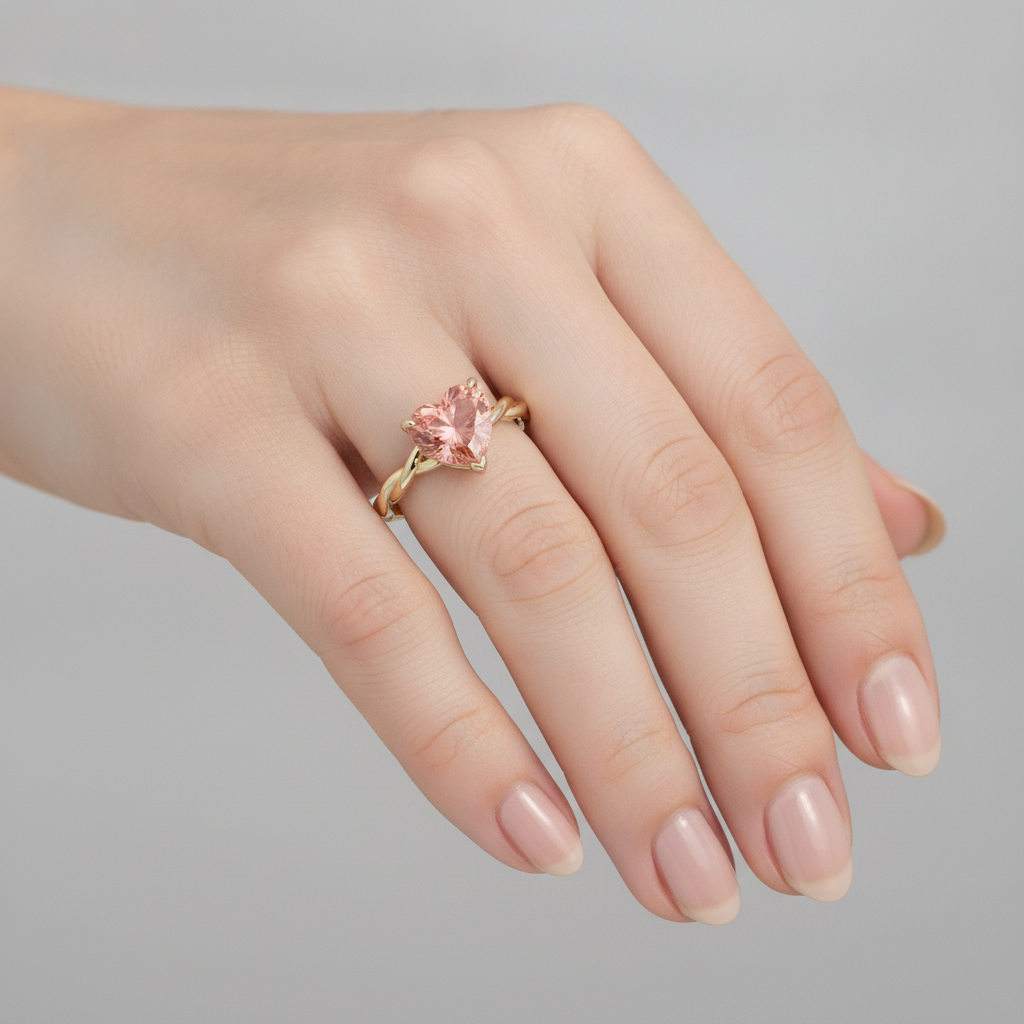 Anello di Fidanzamento Solitario a Spirale con Zaffiro Padparadscha Pesca Naturale a Cuore da 1,5 Carati in Oro Giallo 14K