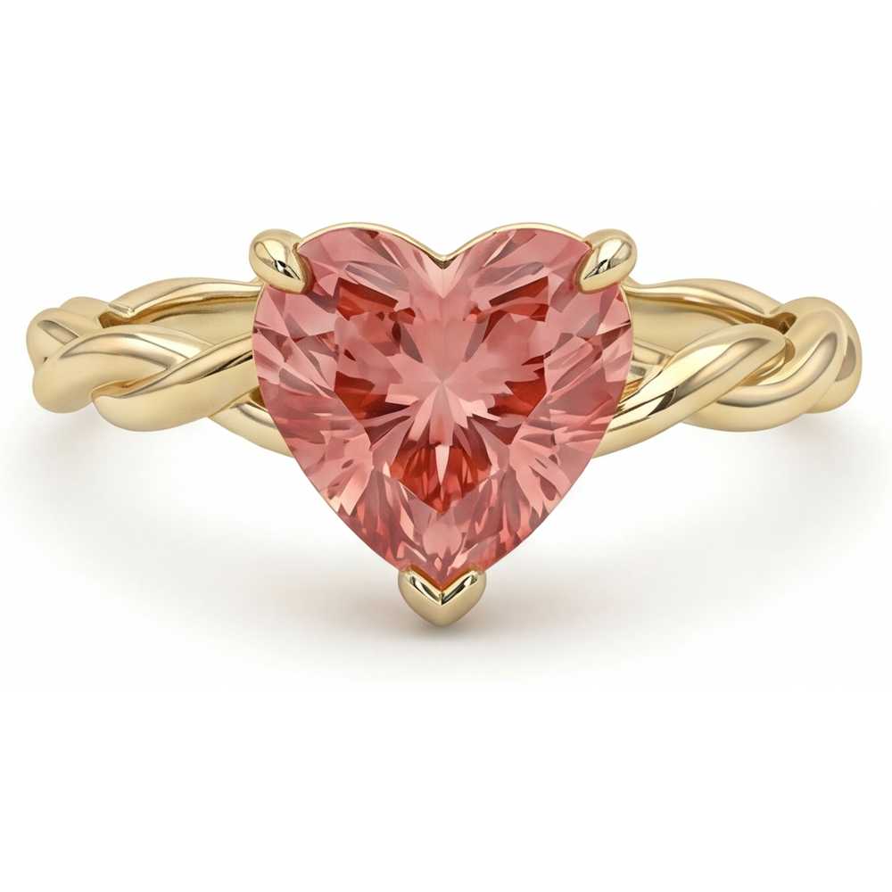Anello di Fidanzamento Solitario a Spirale con Zaffiro Padparadscha Pesca Naturale a Cuore da 1,5 Carati in Oro Giallo 14K