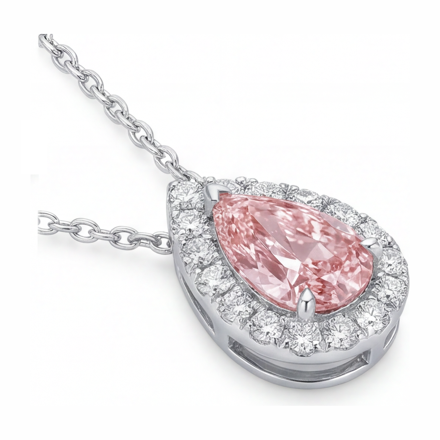 Collana con pendente Halo a goccia con diamante rosa da laboratorio da 2 carati in Oro Bianco 14K