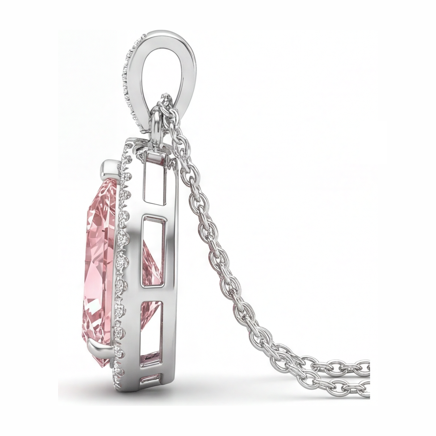 Pendente con Diamante Rosa da Laboratorio 6 Carati a Goccia Halo in Oro Bianco 14K